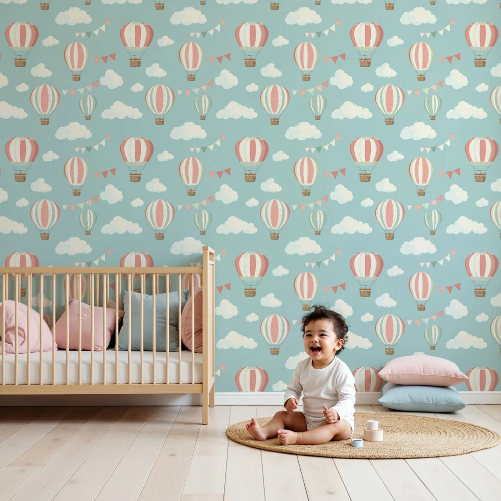 Papel de parede crianç com padrões | Balões de ar coloridos em fundo azul