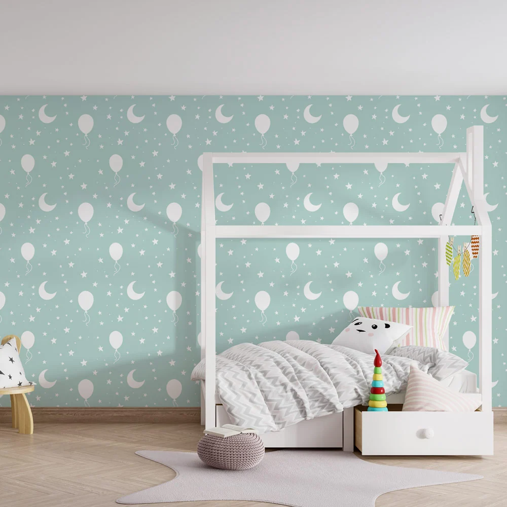 Papel de parede crianç com padrões | Balões brancos e estrelas em fundo menta