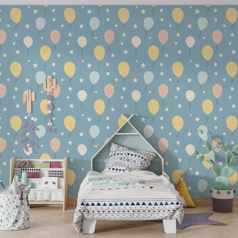 Papel de parede crianç com padrões | Balões coloridos em fundo azul