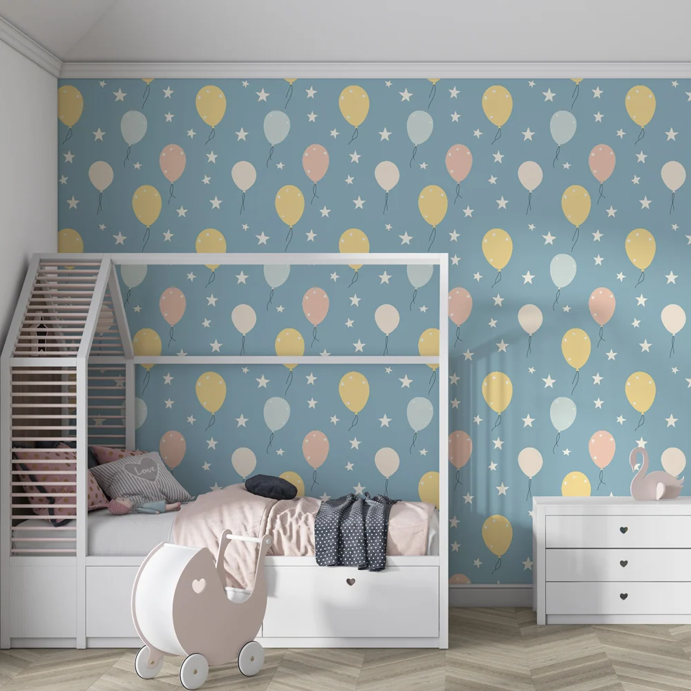 Papel de parede crianç com padrões | Balões coloridos em fundo azul