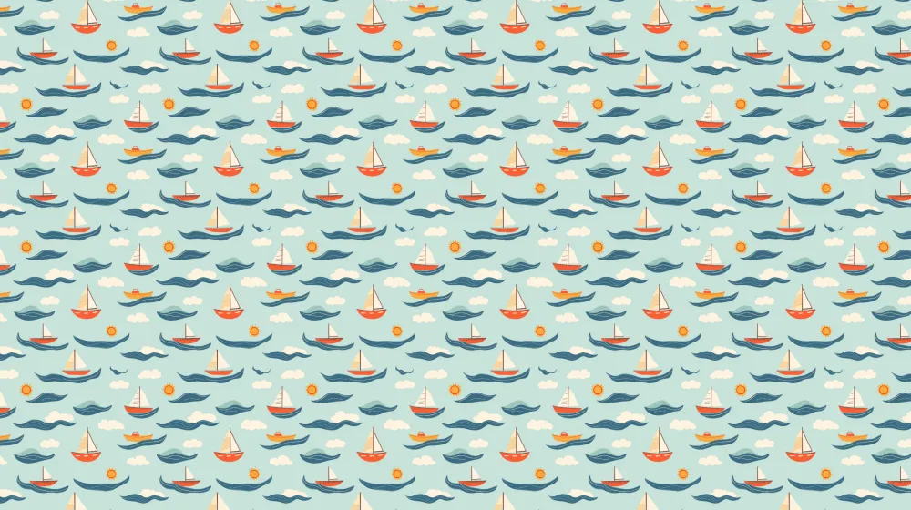 Papel de parede crianç com padrões | Barcos coloridos em um fundo marinho tranquilo
