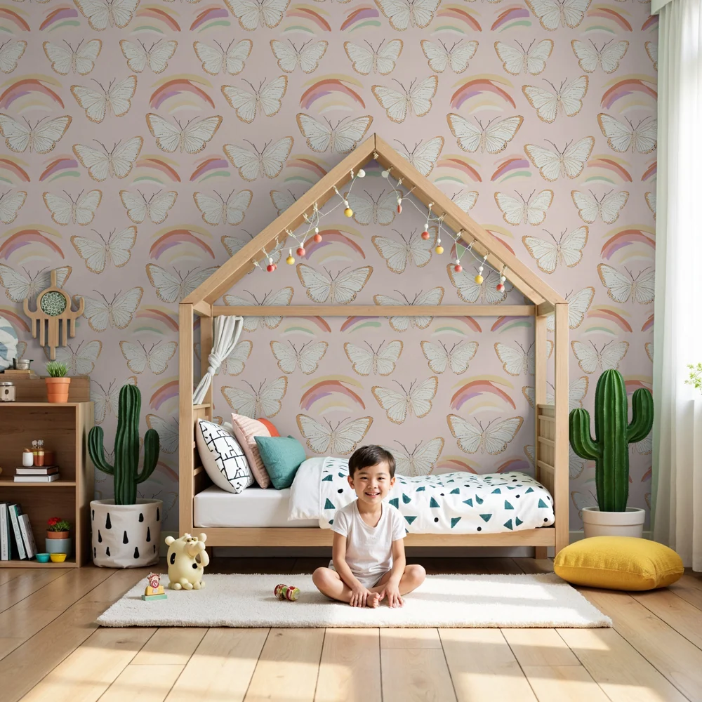 Papel de parede crianç com padrões | Borboletas delicadas e arco-íris em fundo rosa