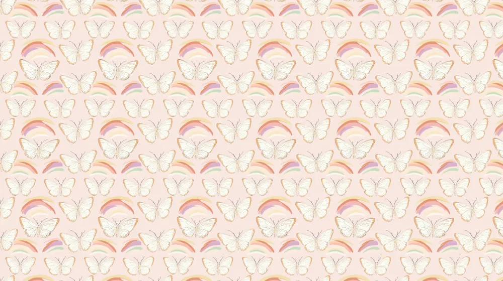 Papel de parede crianç com padrões | Borboletas delicadas e arco-íris em fundo rosa