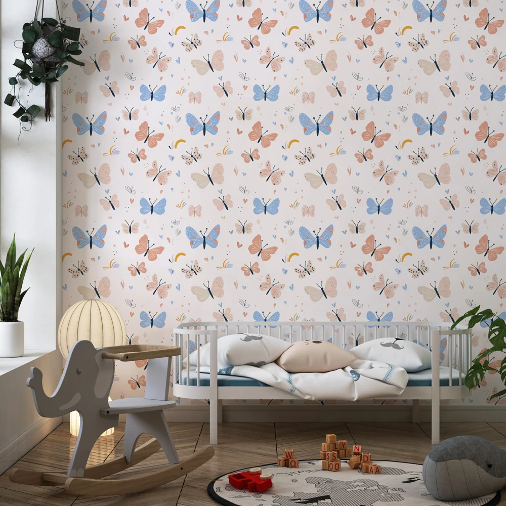 Papel de parede crianç com padrões | Borboletas coloridas em fundo suave