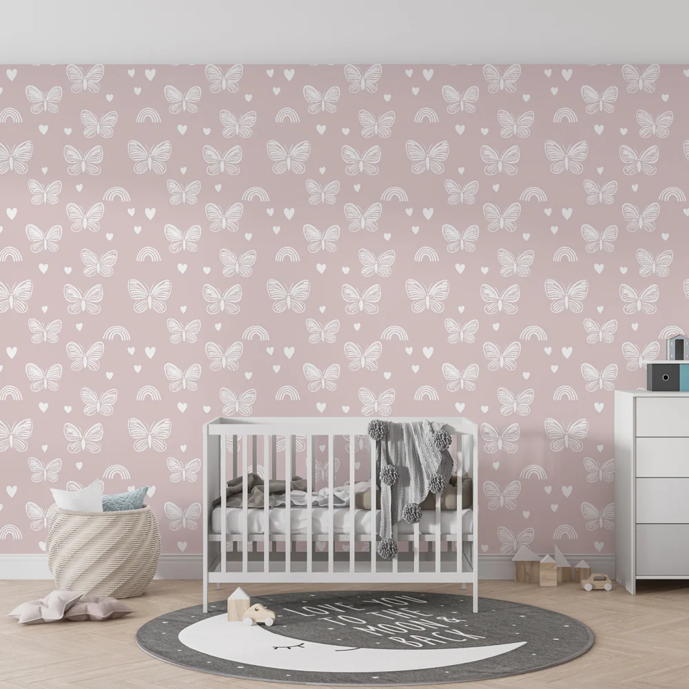 Papel de parede crianç com padrões | Borboletas delicadas e arco-íris em fundo rosa