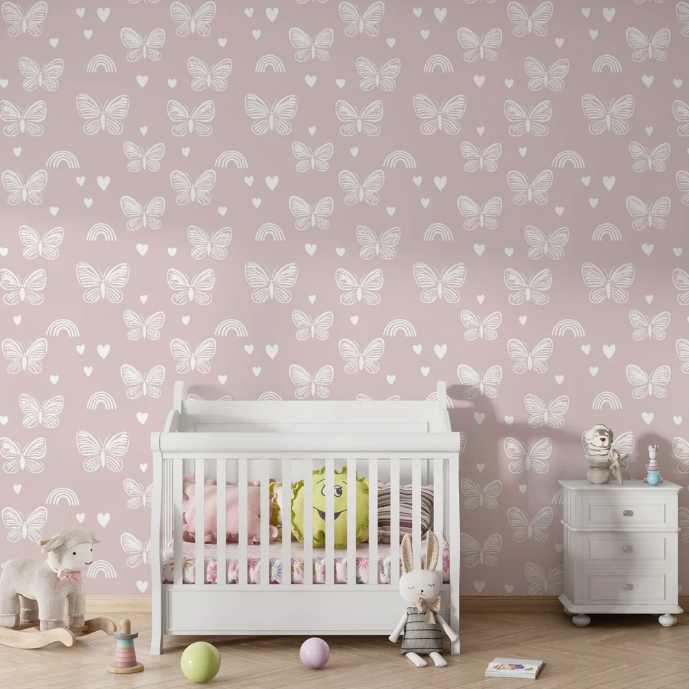 Papel de parede crianç com padrões | Borboletas delicadas e arco-íris em fundo rosa