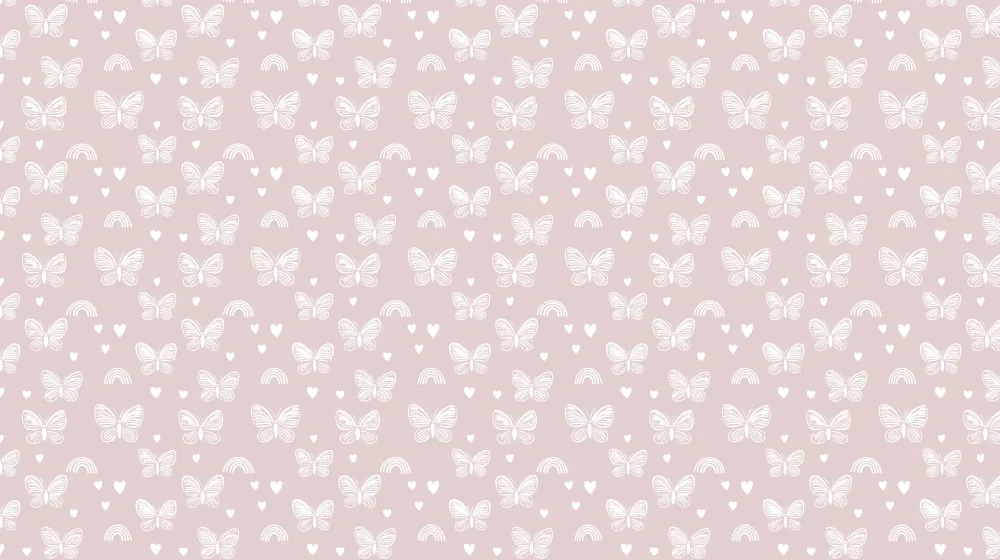Papel de parede crianç com padrões | Borboletas delicadas e arco-íris em fundo rosa