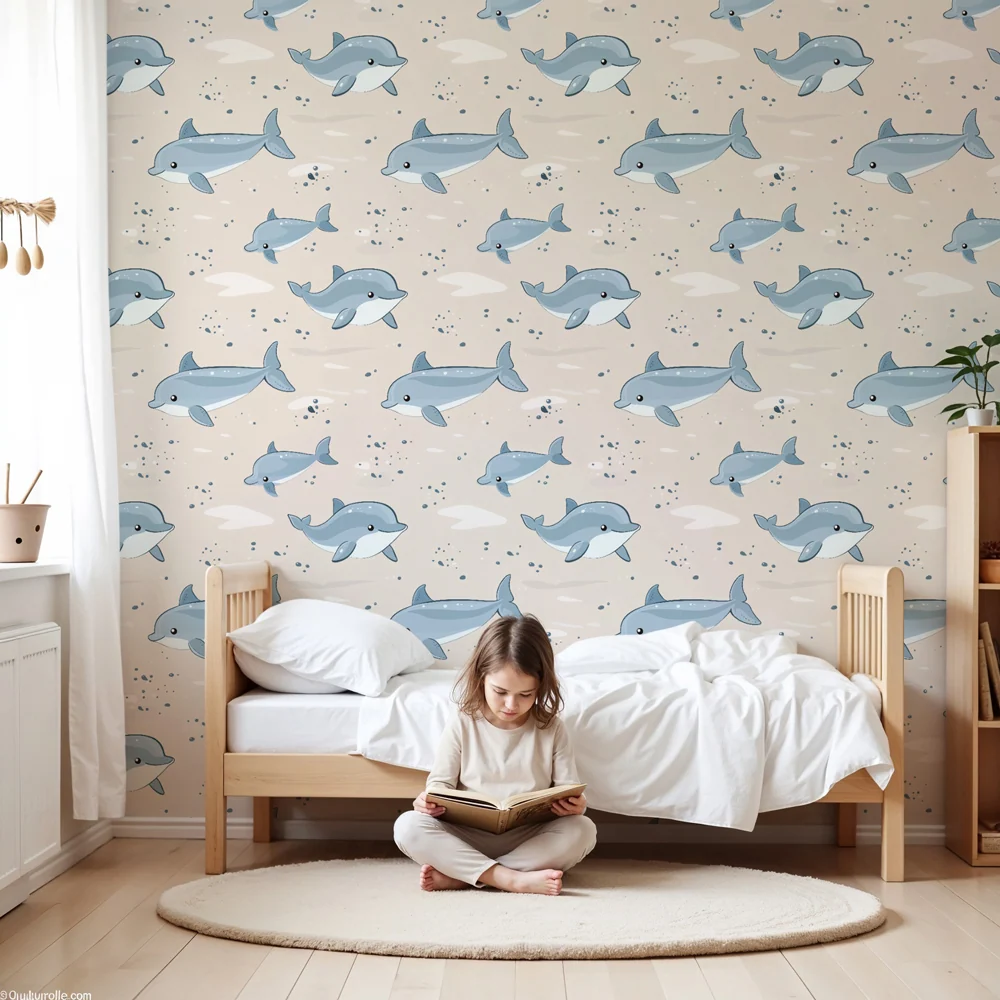Papel de parede crianç com padrões | Brinque com golfinhos num mundo marinho