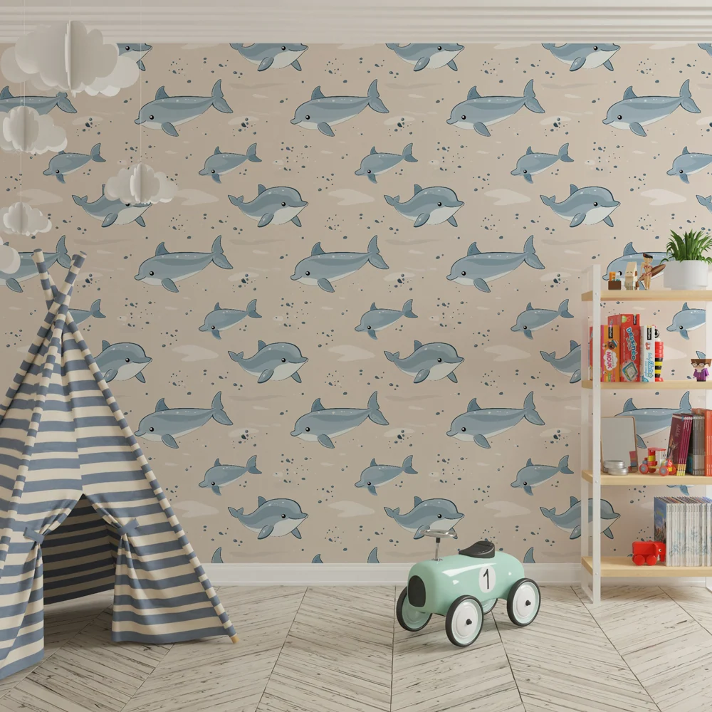 Papel de parede crianç com padrões | Brinque com golfinhos num mundo marinho