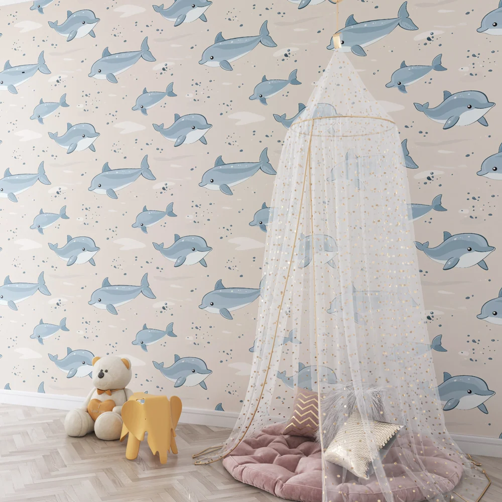 Papel de parede crianç com padrões | Brinque com golfinhos num mundo marinho
