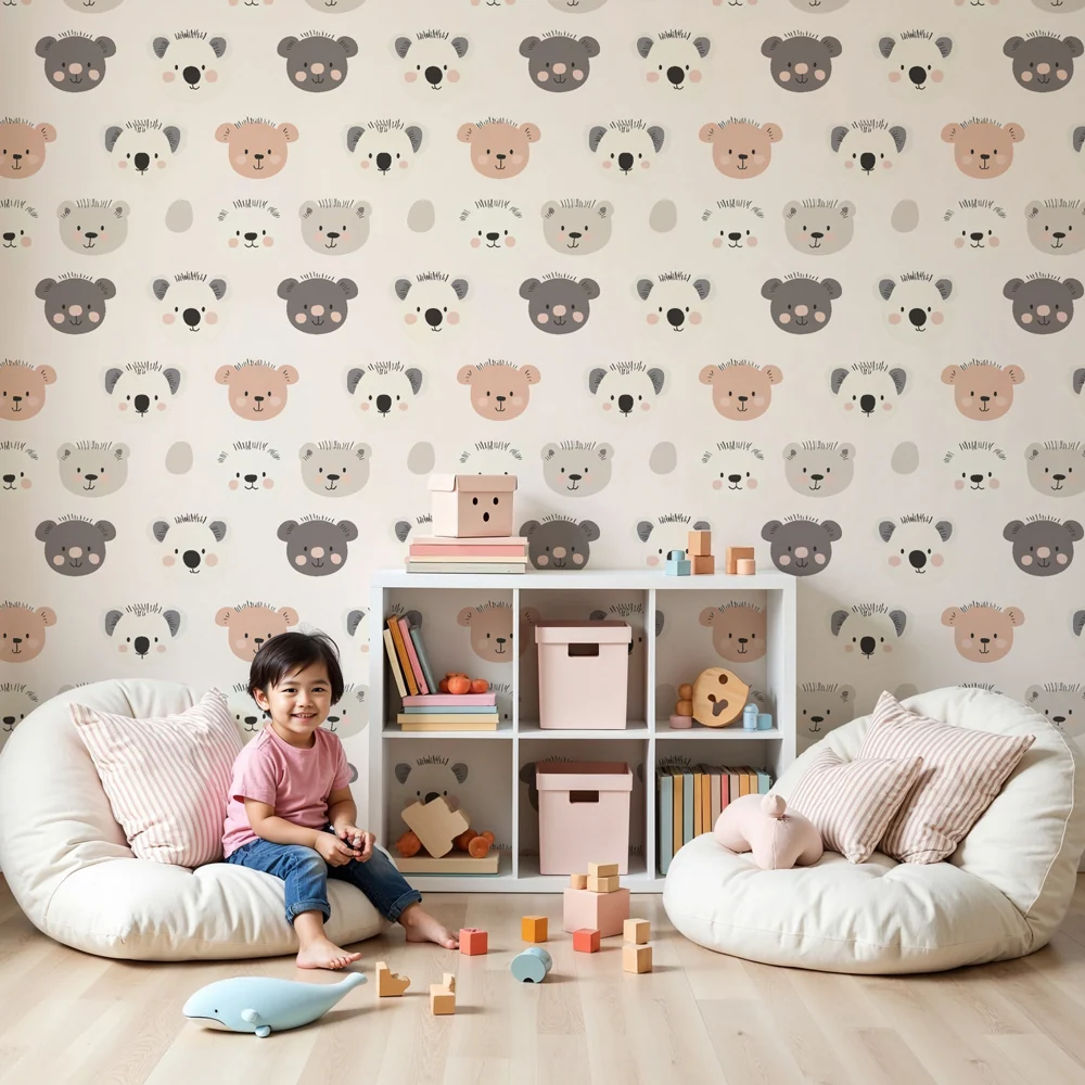 Papel de parede crianç com padrões | Cabeças de animais adoráveis em cores suaves