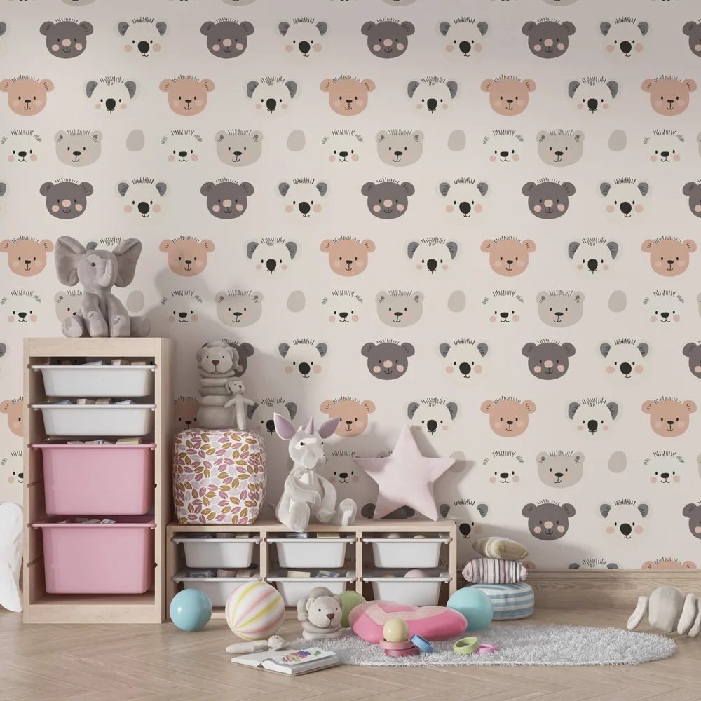 Papel de parede crianç com padrões | Cabeças de animais adoráveis em cores suaves