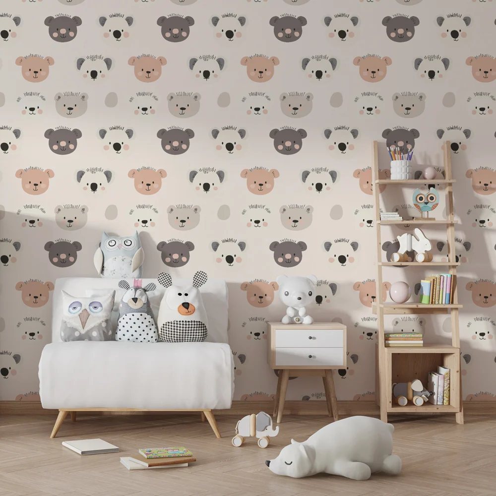 Papel de parede crianç com padrões | Cabeças de animais adoráveis em cores suaves