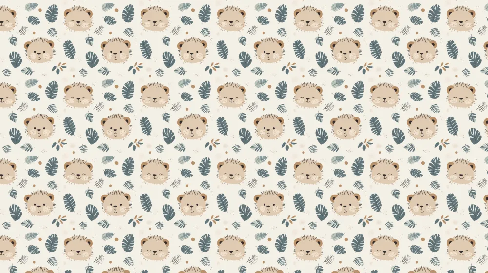 Papel de parede crianç com padrões | Cabeças de leão sorridentes e folhagem tropical