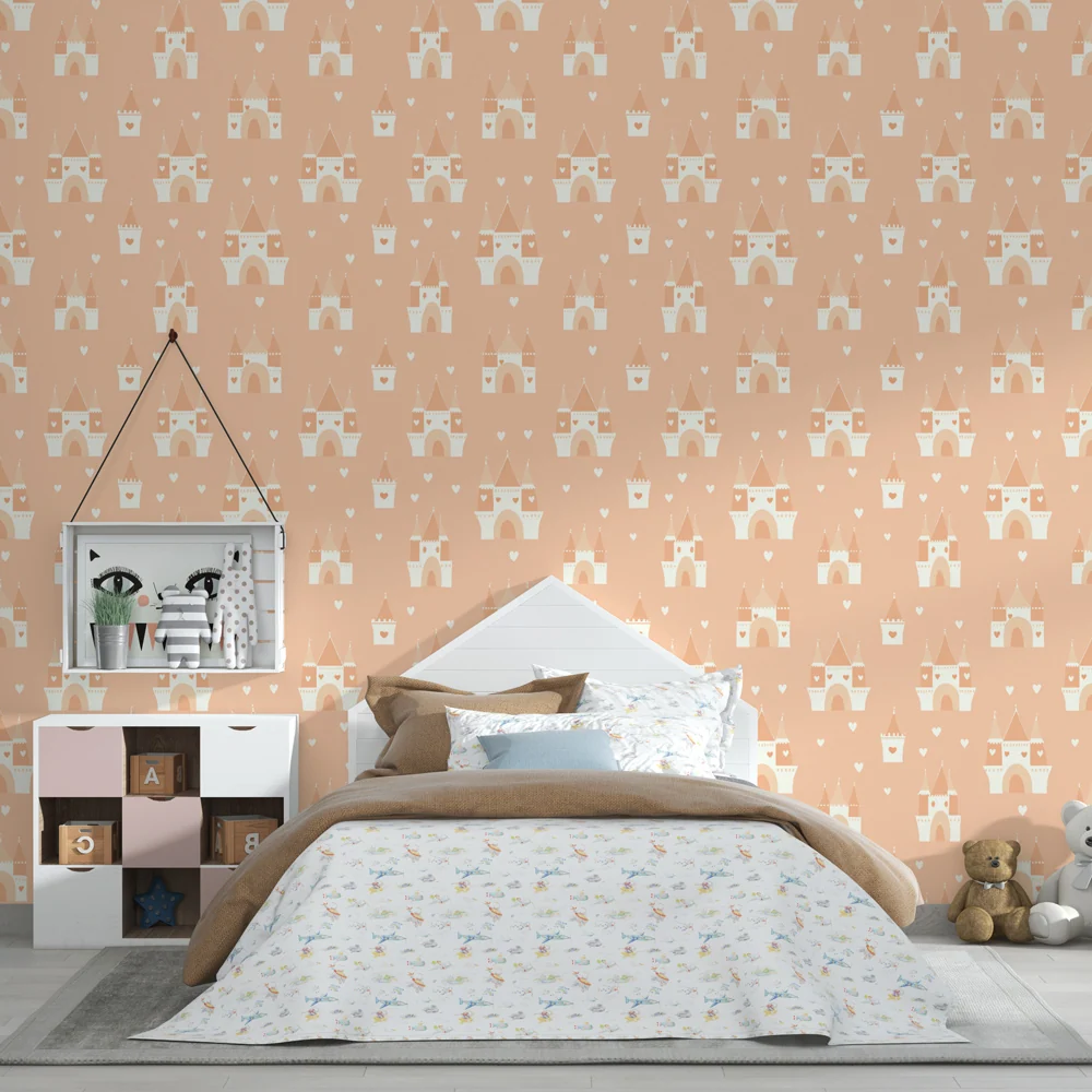 Papel de parede crianç com padrões | Castelos mágicos e corações em fundo rosa