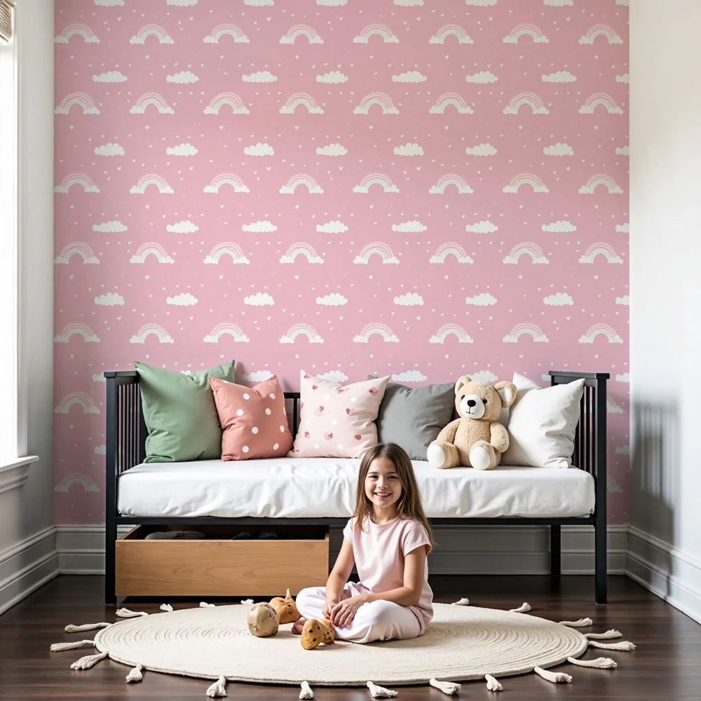 Papel de parede crianç com padrões | Céus cor de rosa com arco-íris e nuvens suaves