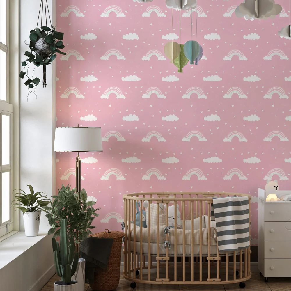 Papel de parede crianç com padrões | Céus cor de rosa com arco-íris e nuvens suaves