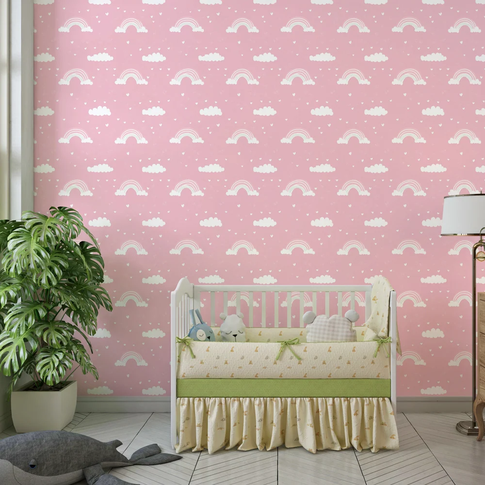 Papel de parede crianç com padrões | Céus cor de rosa com arco-íris e nuvens suaves