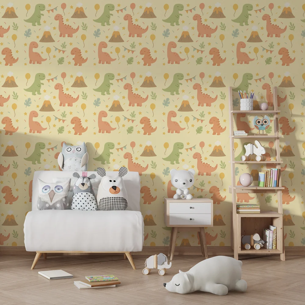 Papel de parede crianç com padrões | Dinossauros divertidos e cores suaves