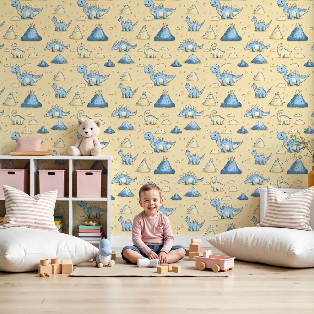 Papel de parede crianç com padrões | Dinossauros felizes em fundo pastel