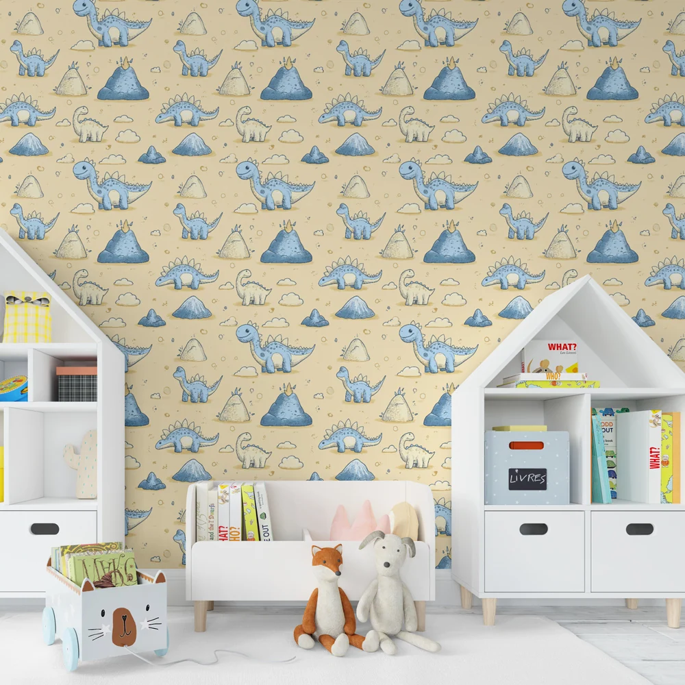 Papel de parede crianç com padrões | Dinossauros felizes em fundo pastel