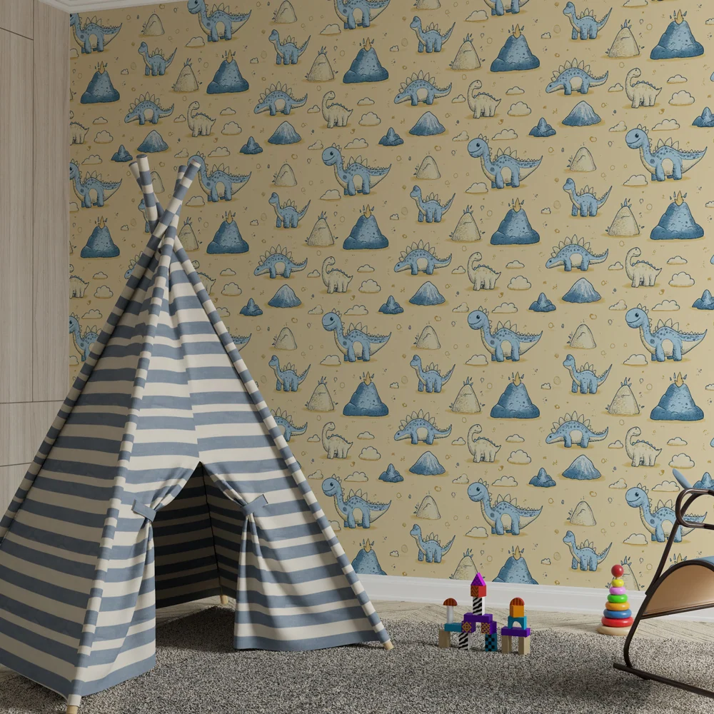 Papel de parede crianç com padrões | Dinossauros felizes em fundo pastel