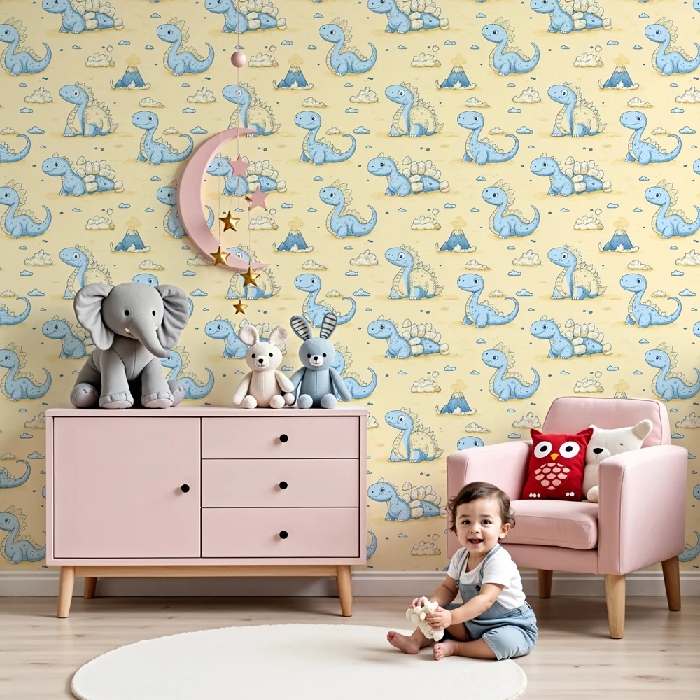 Papel de parede crianç com padrões | Dinossauros fofos em fundo pastel
