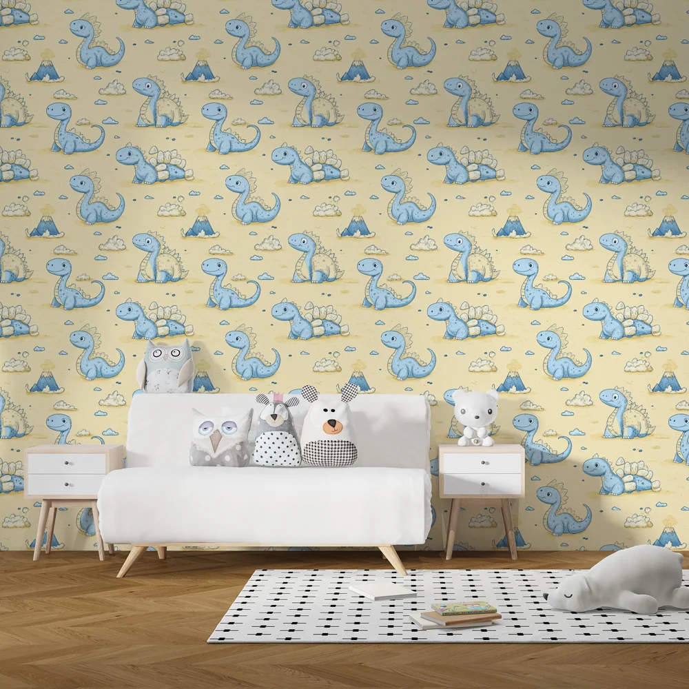 Papel de parede crianç com padrões | Dinossauros fofos em fundo pastel