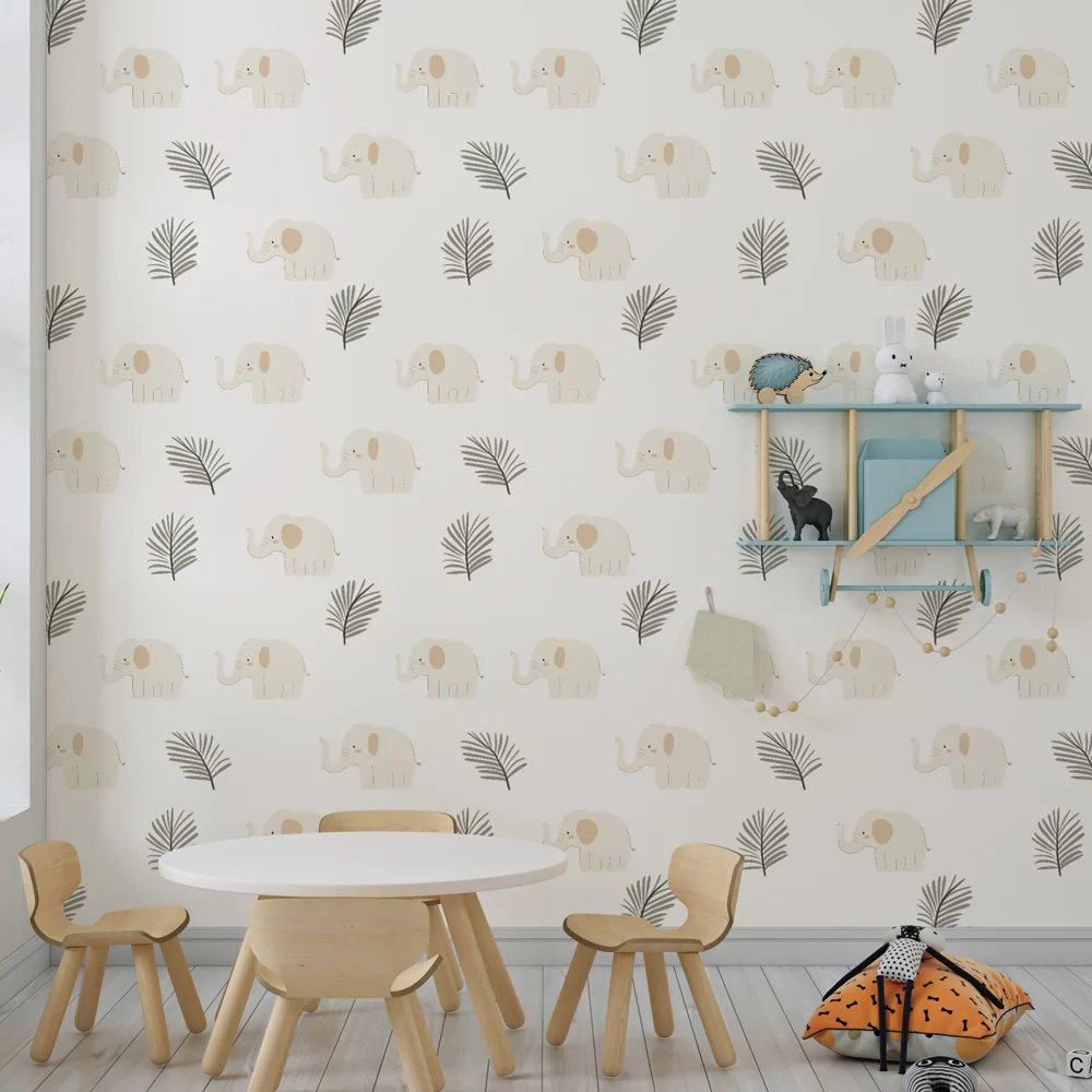 Papel de parede crianç com padrões | Elefantes elegantes e folhagens suaves