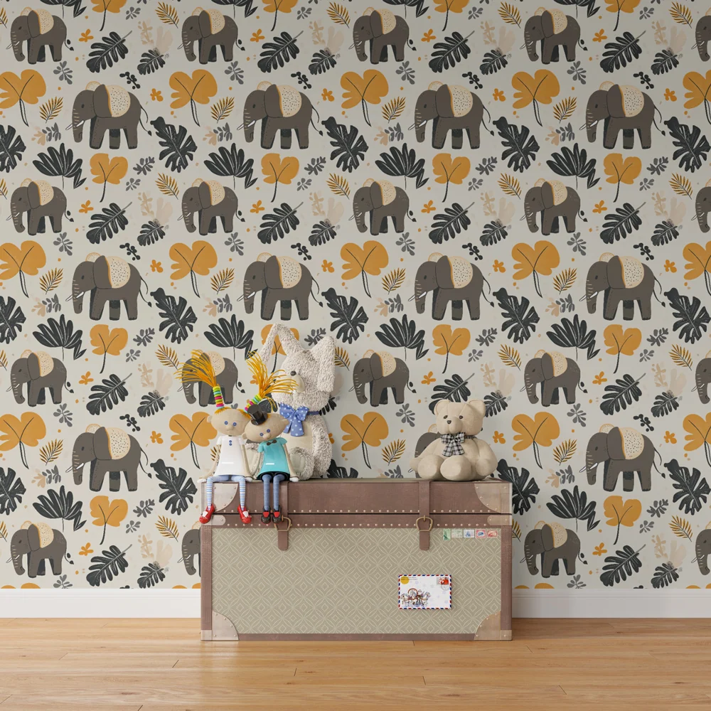 Papel de parede crianç com padrões | Elefantes e folhagens coloridas