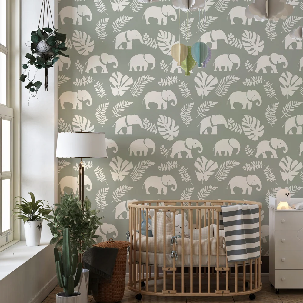 Papel de parede crianç com padrões | Elegantes elefantes em fundo suave