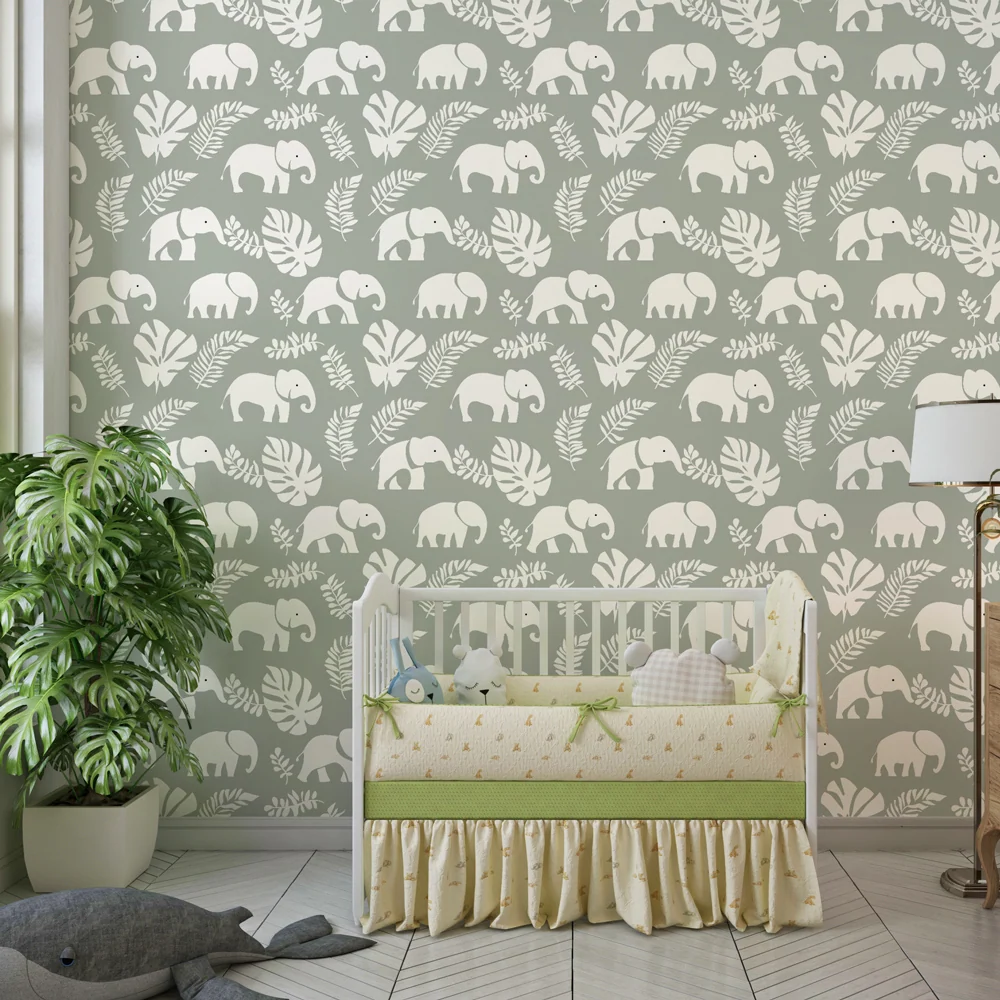 Papel de parede crianç com padrões | Elegantes elefantes em fundo suave