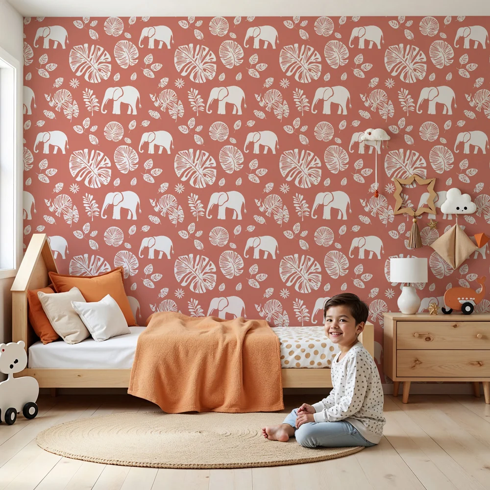 Papel de parede crianç com padrões | Elegantes elefantes em fundo terracota
