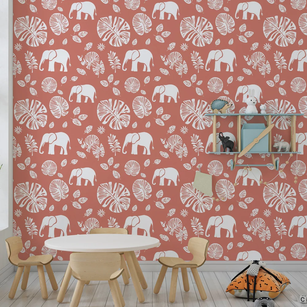 Papel de parede crianç com padrões | Elegantes elefantes em fundo terracota