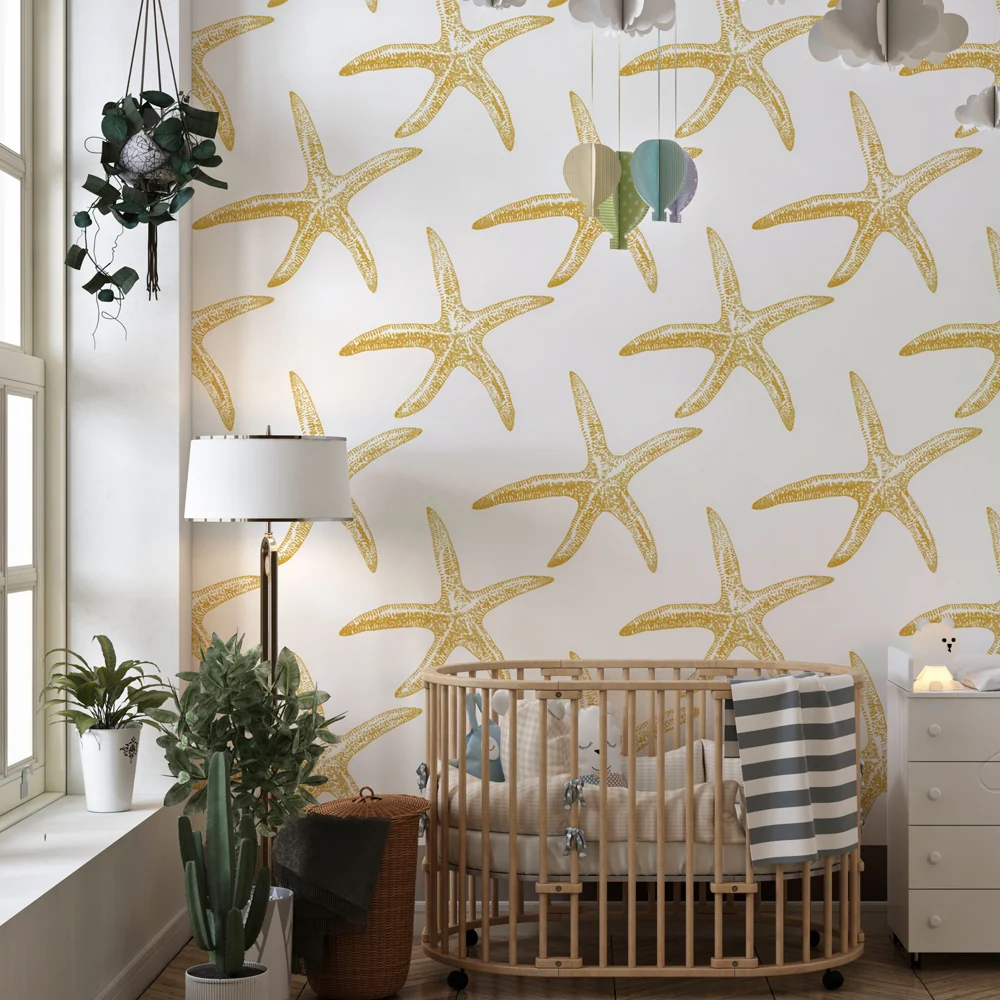 Papel de parede crianç com padrões | Estrelas do mar douradas em fundo branco