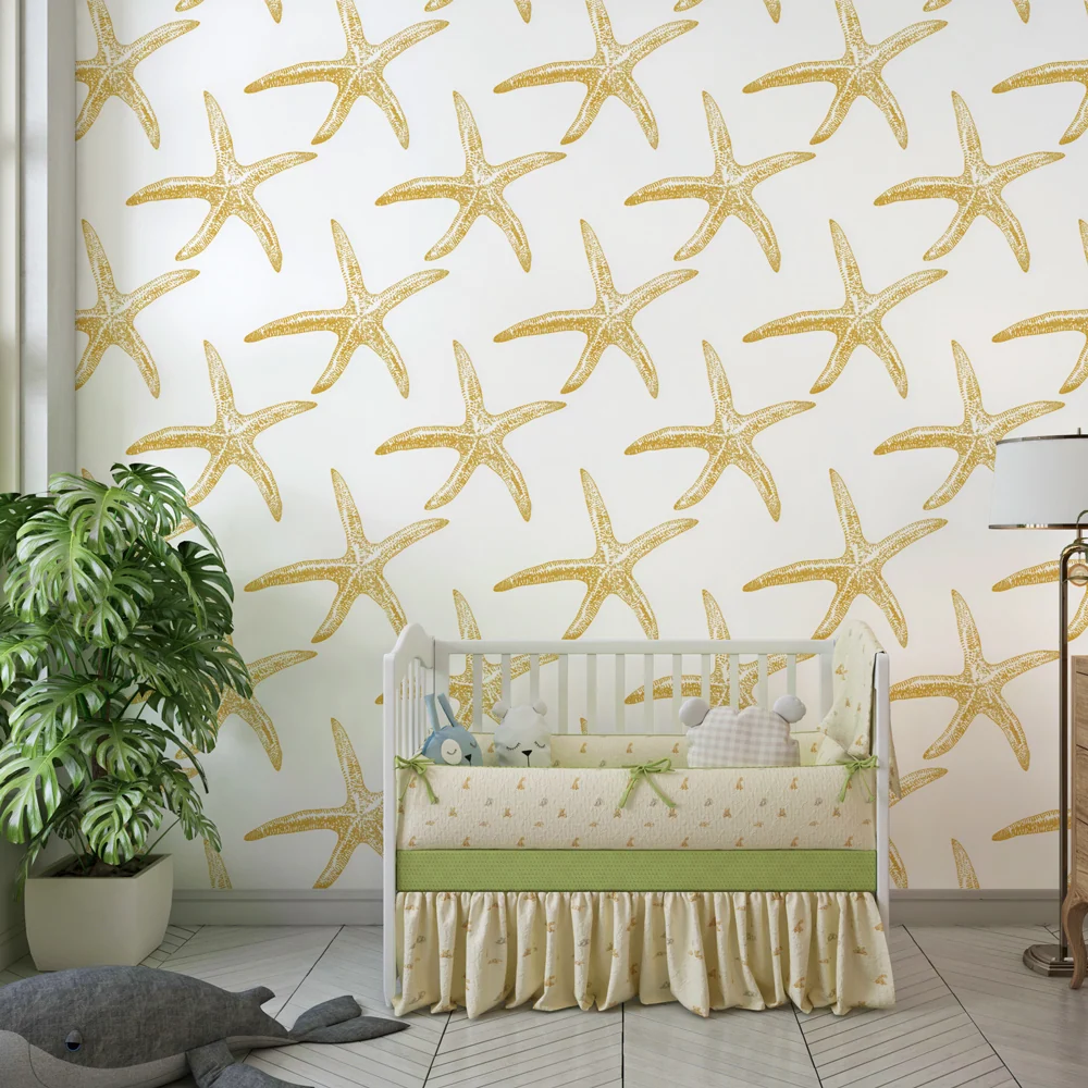 Papel de parede crianç com padrões | Estrelas do mar douradas em fundo branco