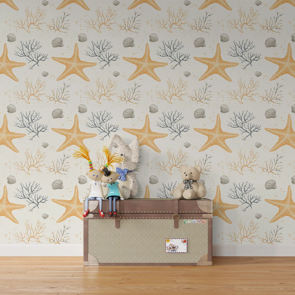 Papel de parede crianç com padrões | Estrelas do mar e corais em aquarela