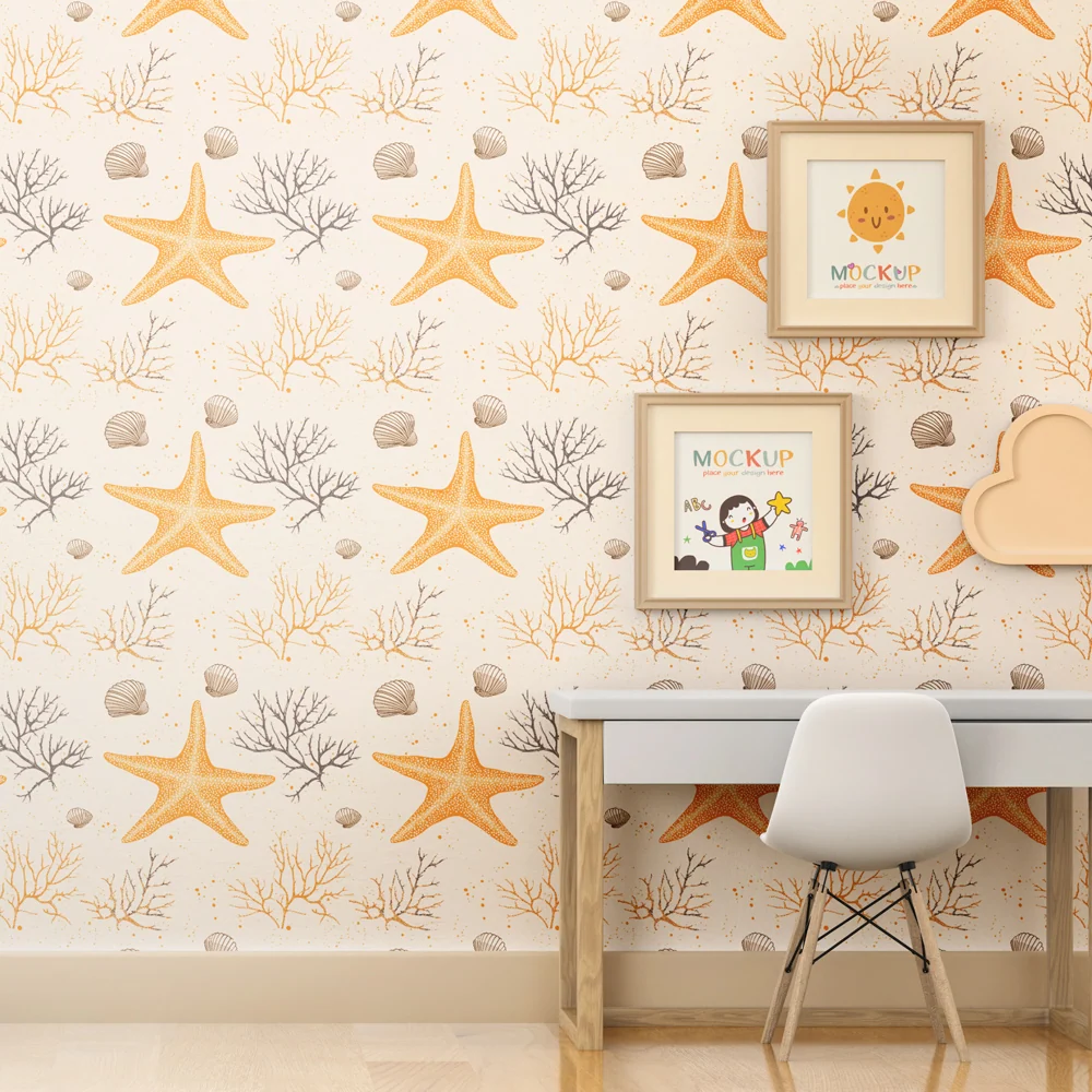Papel de parede crianç com padrões | Estrelas do mar e corais em aquarela