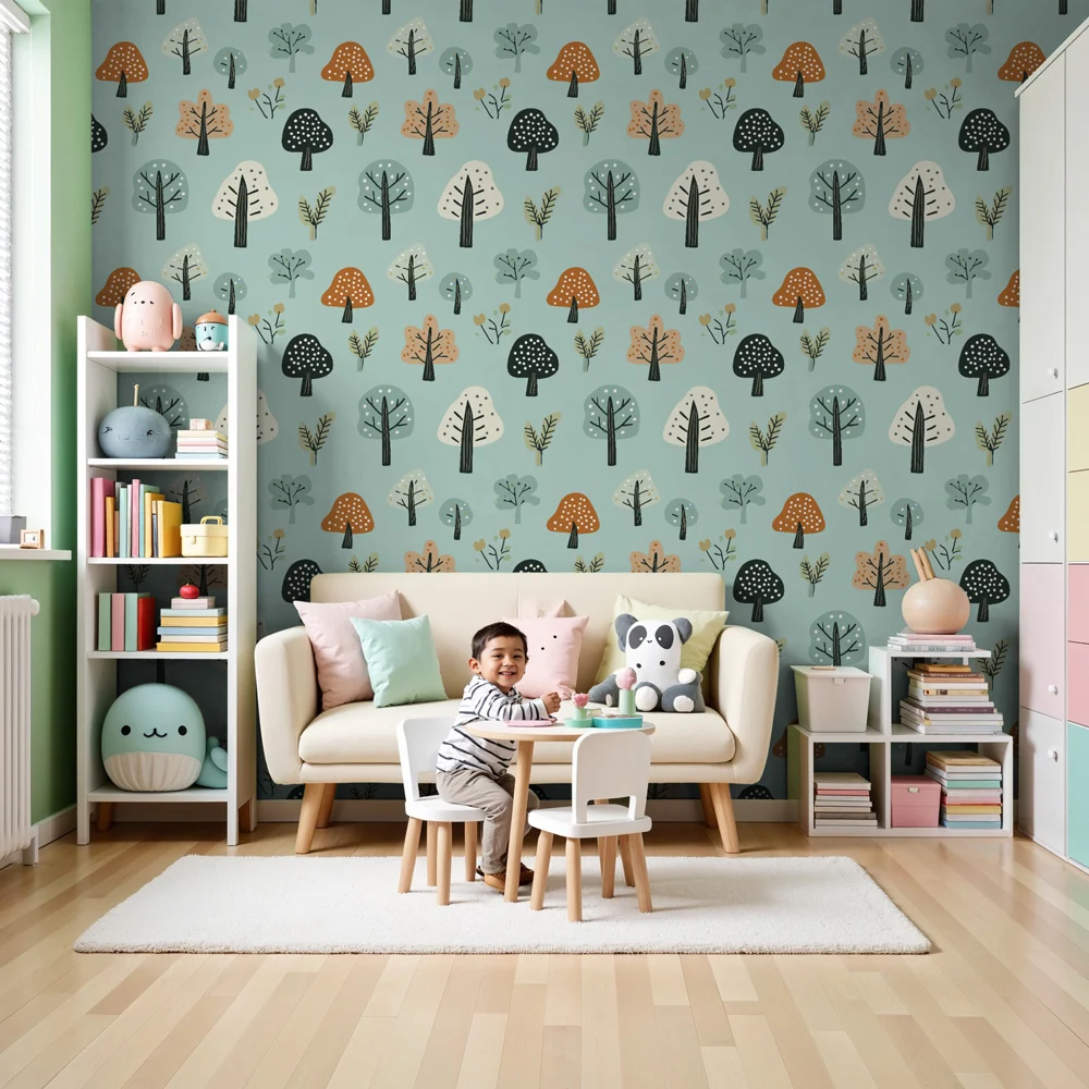 Papel de parede crianç com padrões | Floresta encantada com árvores coloridas e cogumelos