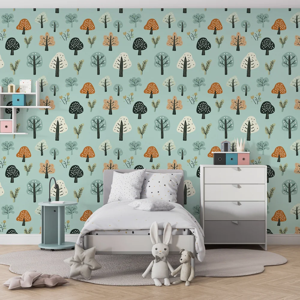 Papel de parede crianç com padrões | Floresta encantada com árvores coloridas e cogumelos