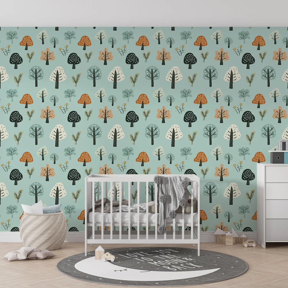 Papel de parede crianç com padrões | Floresta encantada com árvores coloridas e cogumelos