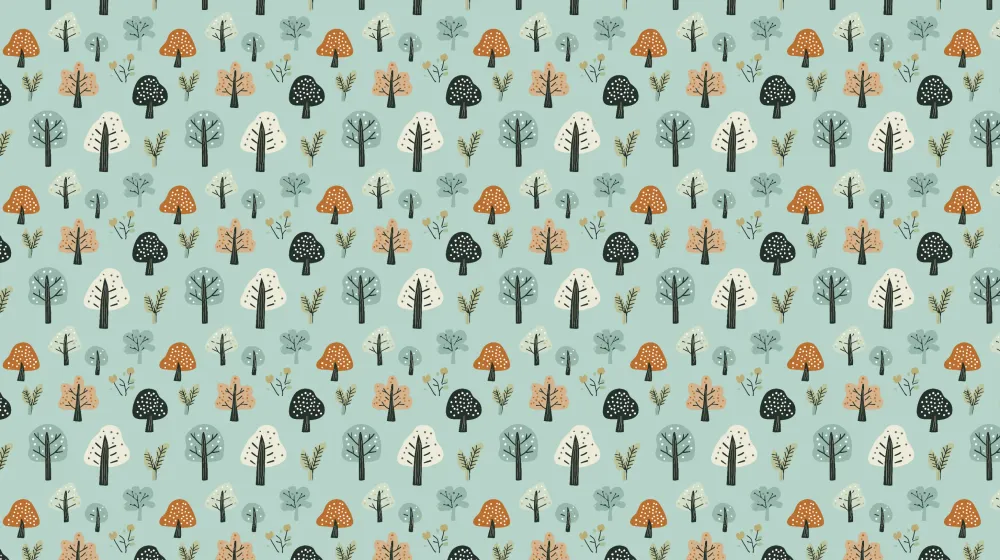Papel de parede crianç com padrões | Floresta encantada com árvores coloridas e cogumelos