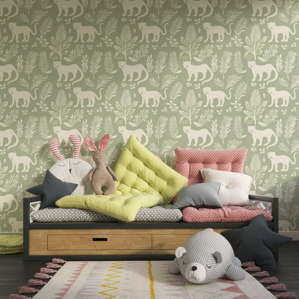 Papel de parede crianç com padrões | Gatos e folhagem em fundo verde claro