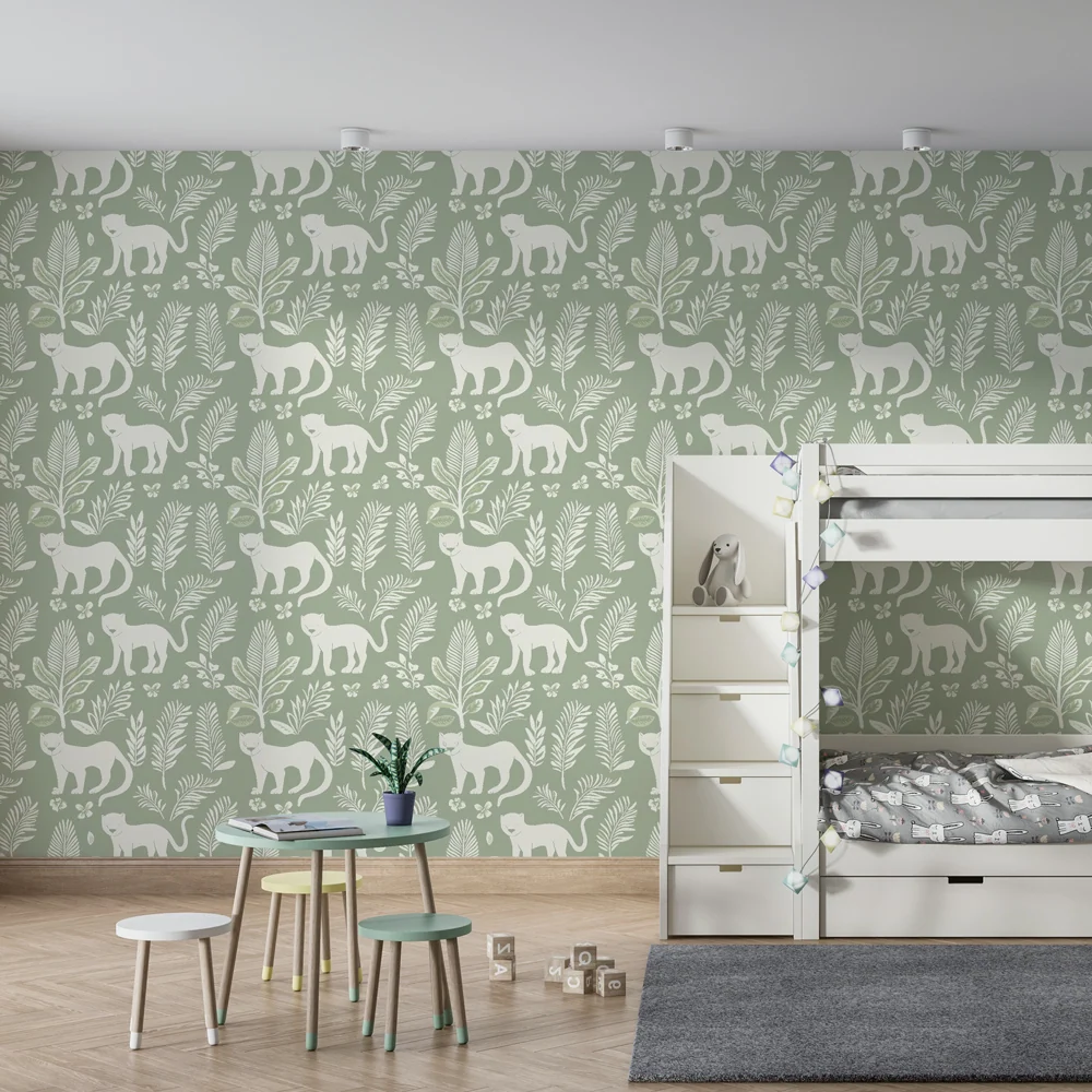 Papel de parede crianç com padrões | Gatos e folhagem em fundo verde claro