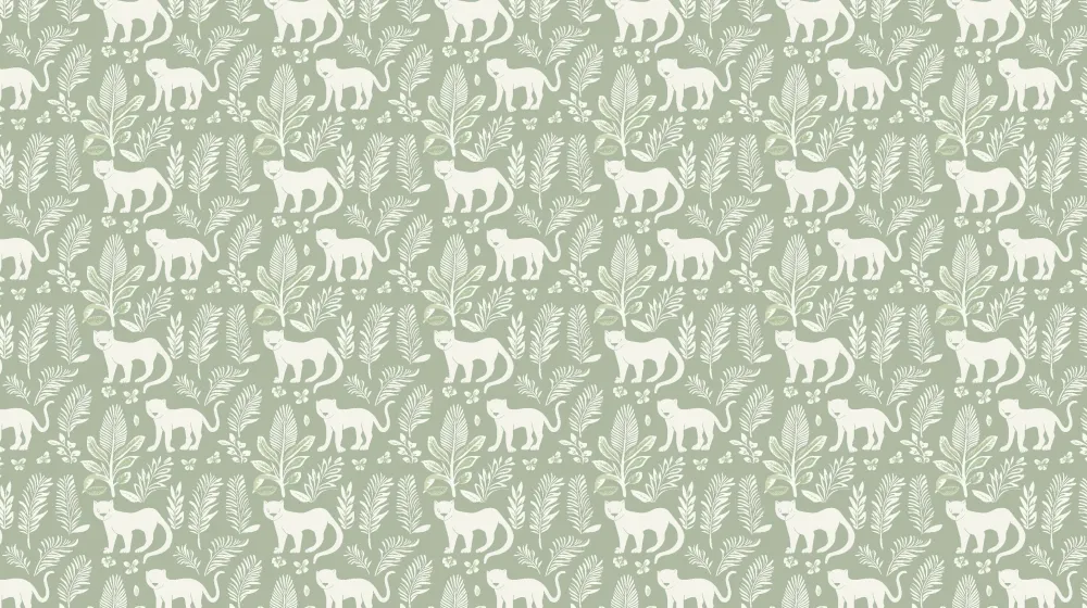 Papel de parede crianç com padrões | Gatos e folhagem em fundo verde claro