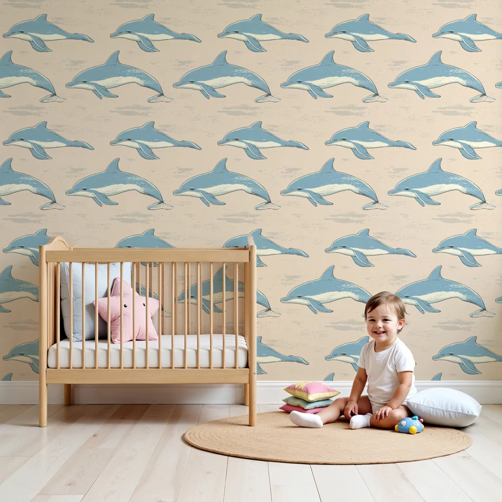 Papel de parede crianç com padrões | Golfinhos em movimento em fundo suave
