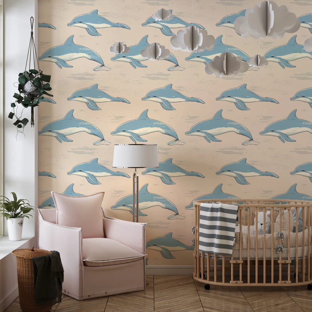 Papel de parede crianç com padrões | Golfinhos em movimento em fundo suave