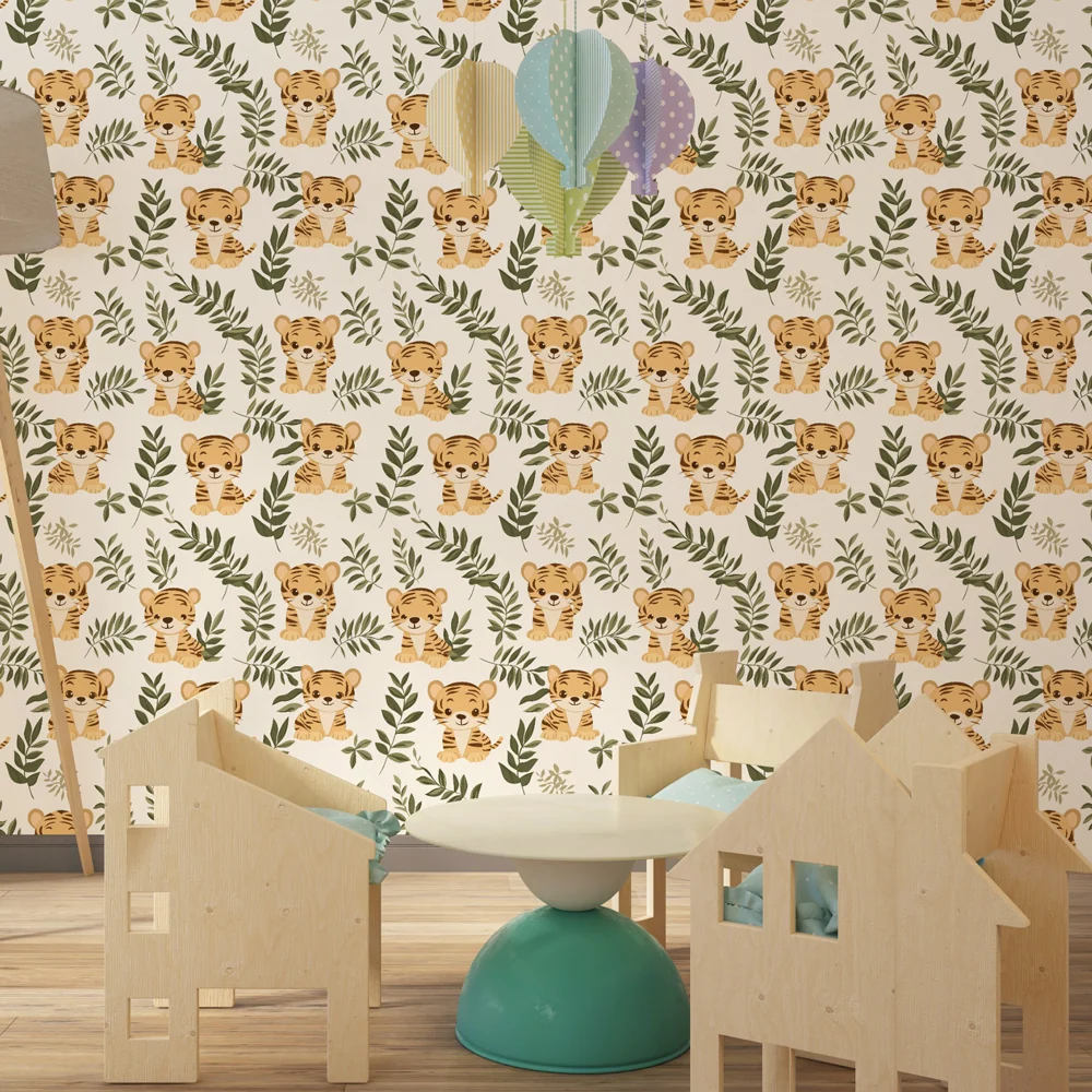 Papel de parede crianç com padrões | Lindos tigres entre folhagens delicadas