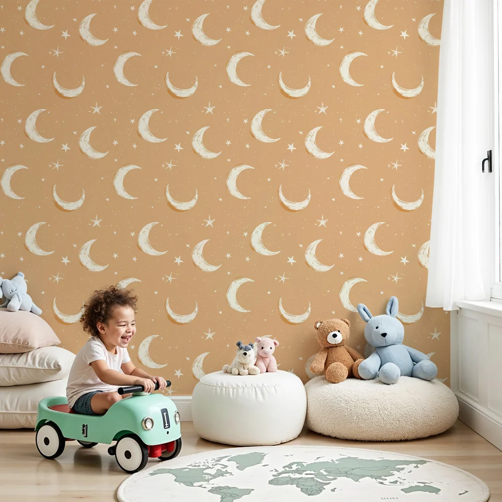 Papel de parede crianç com padrões | Lua e estrelas em fundo de padrões suaves