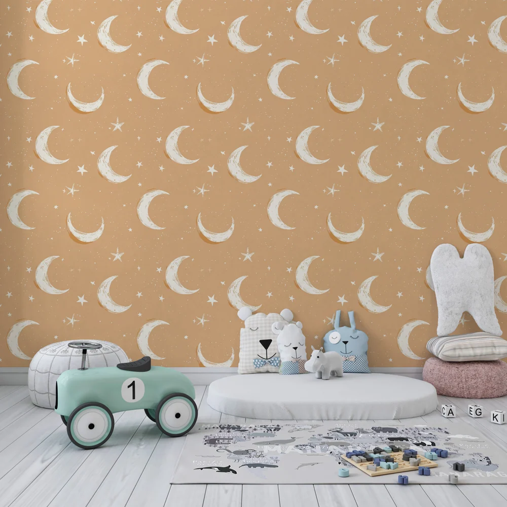 Papel de parede crianç com padrões | Lua e estrelas em fundo de padrões suaves